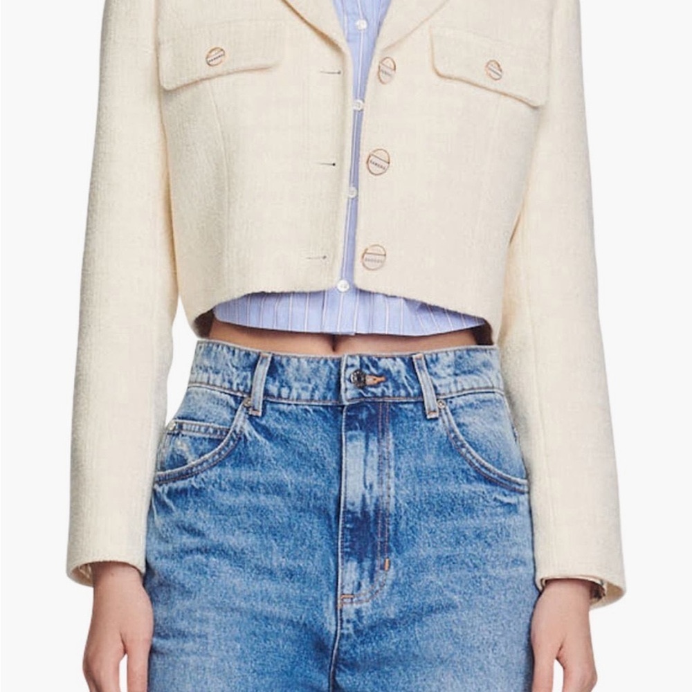 NWT! Sandro Cropped Tweed Blazer Beige Size 0